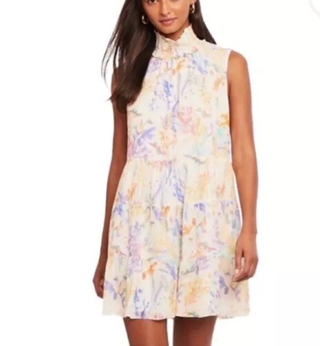Amanda Uprichard Nadia Dress Size L- Pastel Floral High Smocked Neck Cottagecore