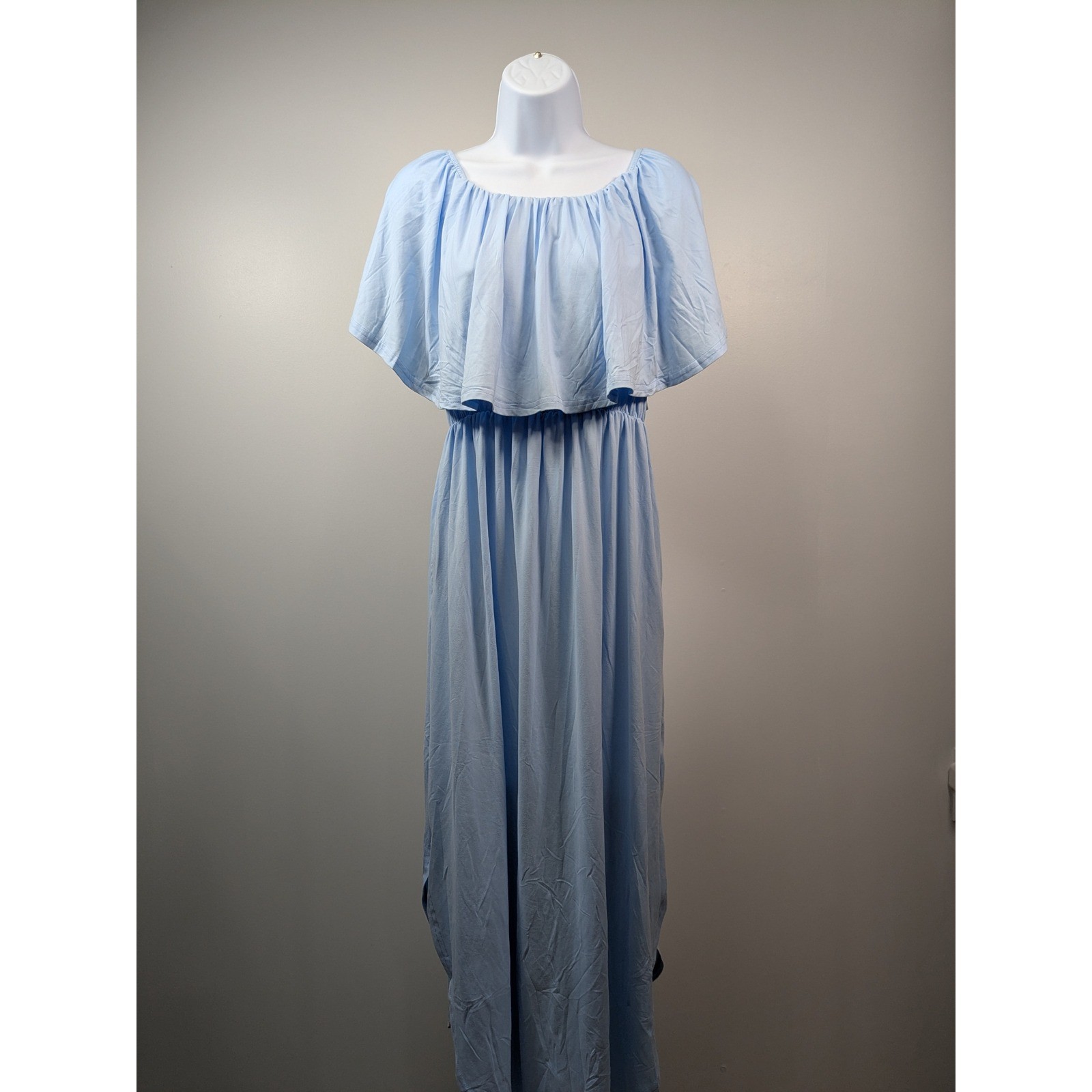 Auselily Light Blue Off The Shoulder Ruffle Maxi Dress Smocked Waist Size M NEW