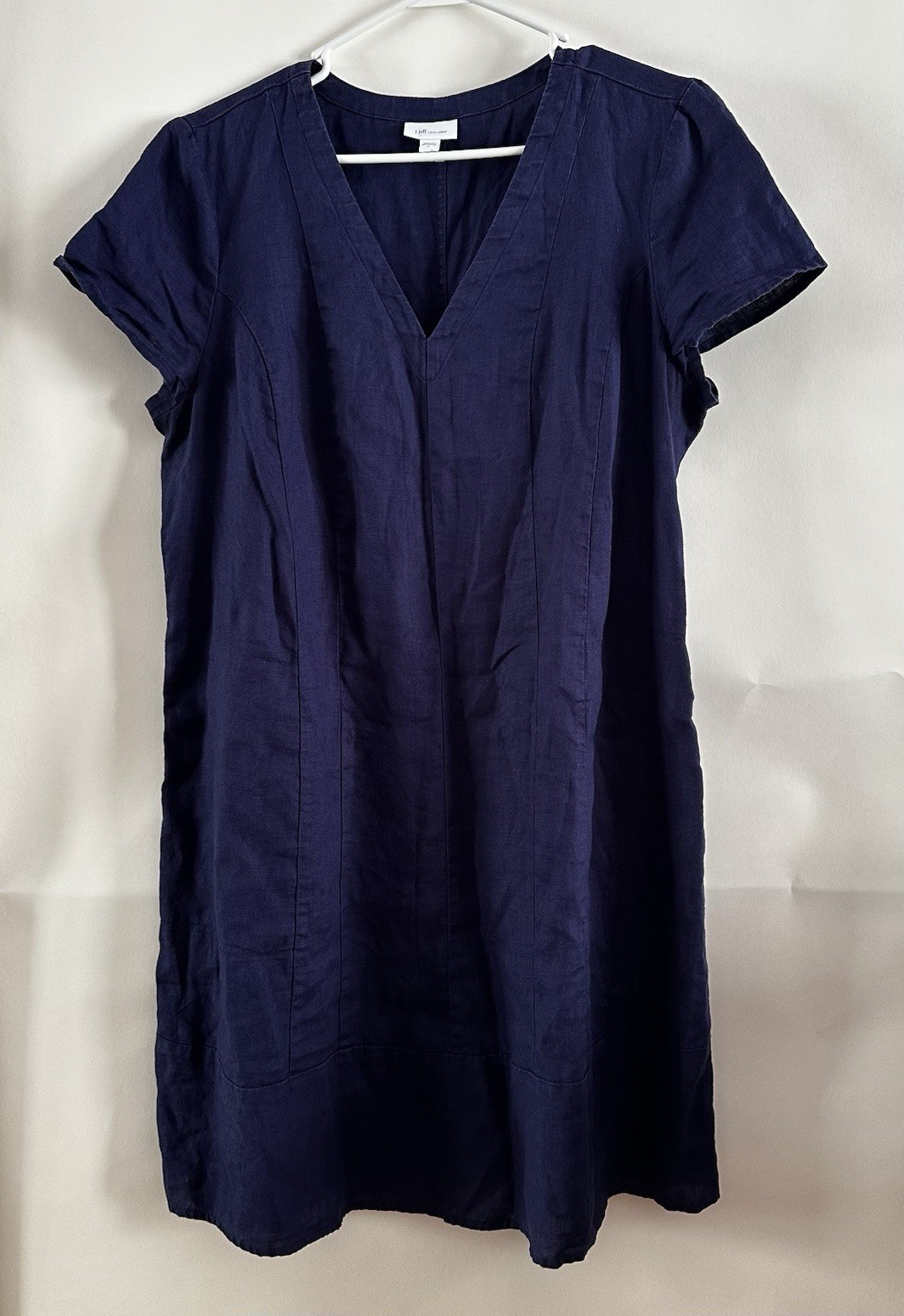 J. Jill Love Linen Women L Blue Navy 100% Linen V-Neck Shift Knee Dress coastal