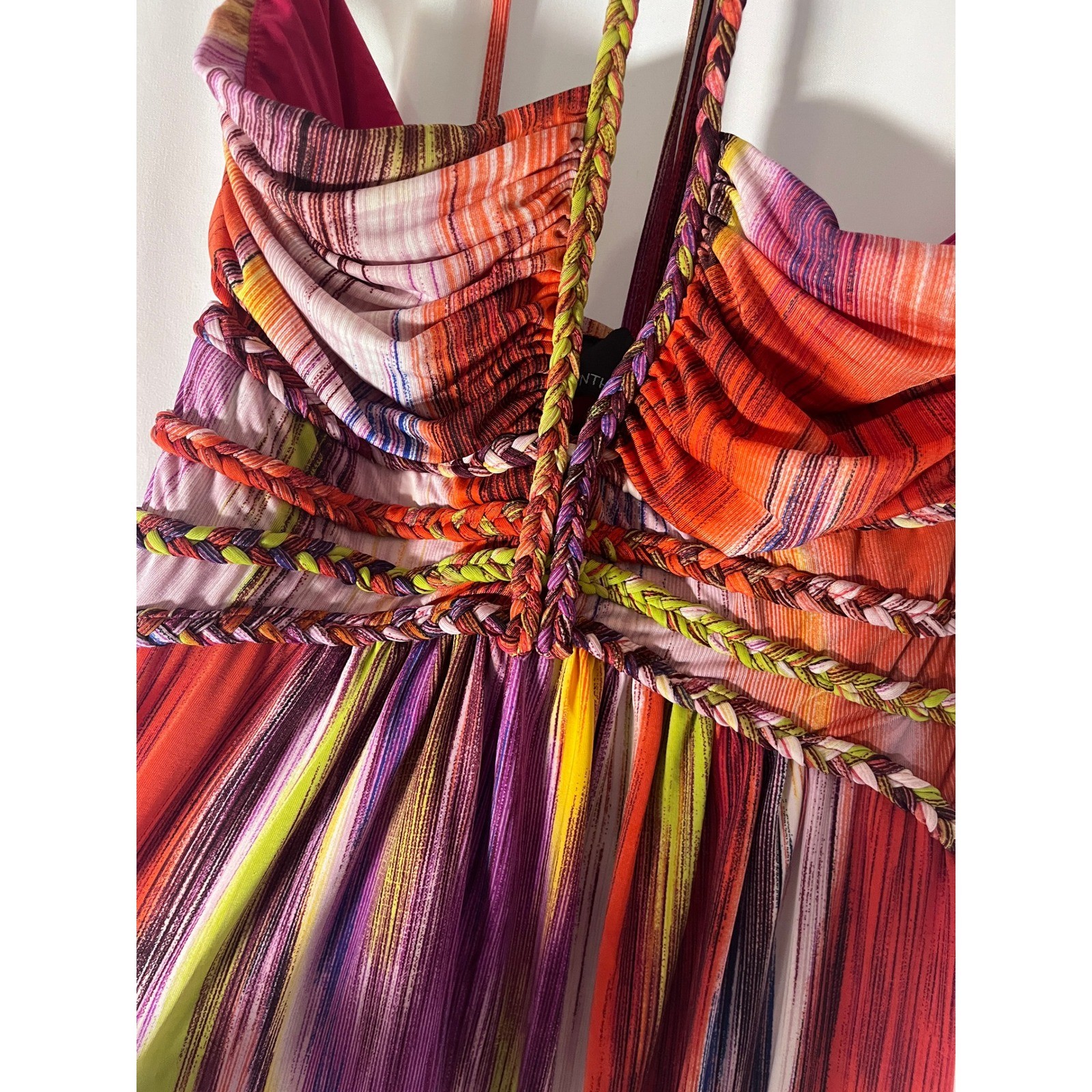 Cynthia Rowley Y2K Colorful Halter Maxi Dress M Braided Detail Resort Artsy