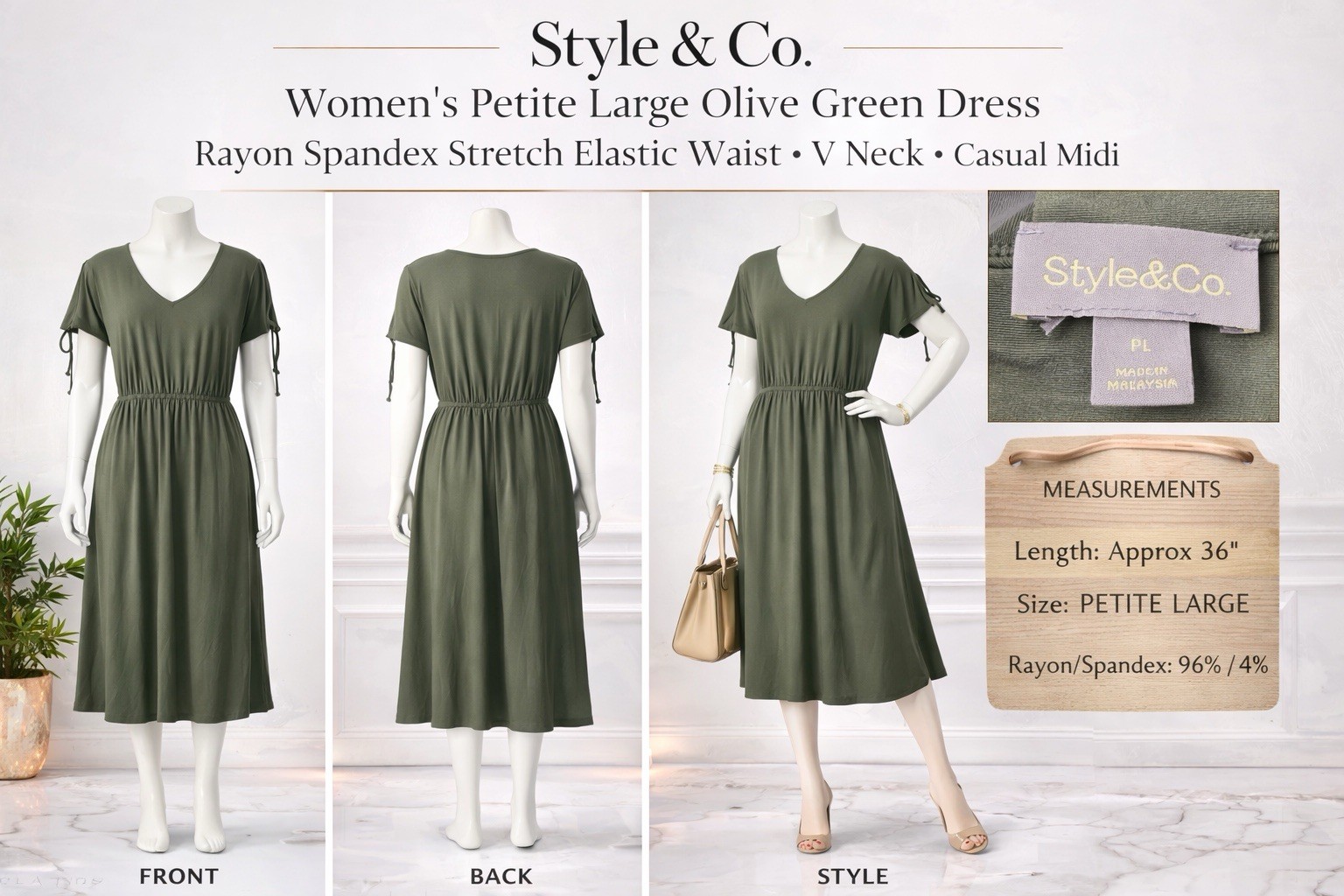 Style & Co Petite Women’s L Olive Green Midi Dress Stretch V-Neck Casual