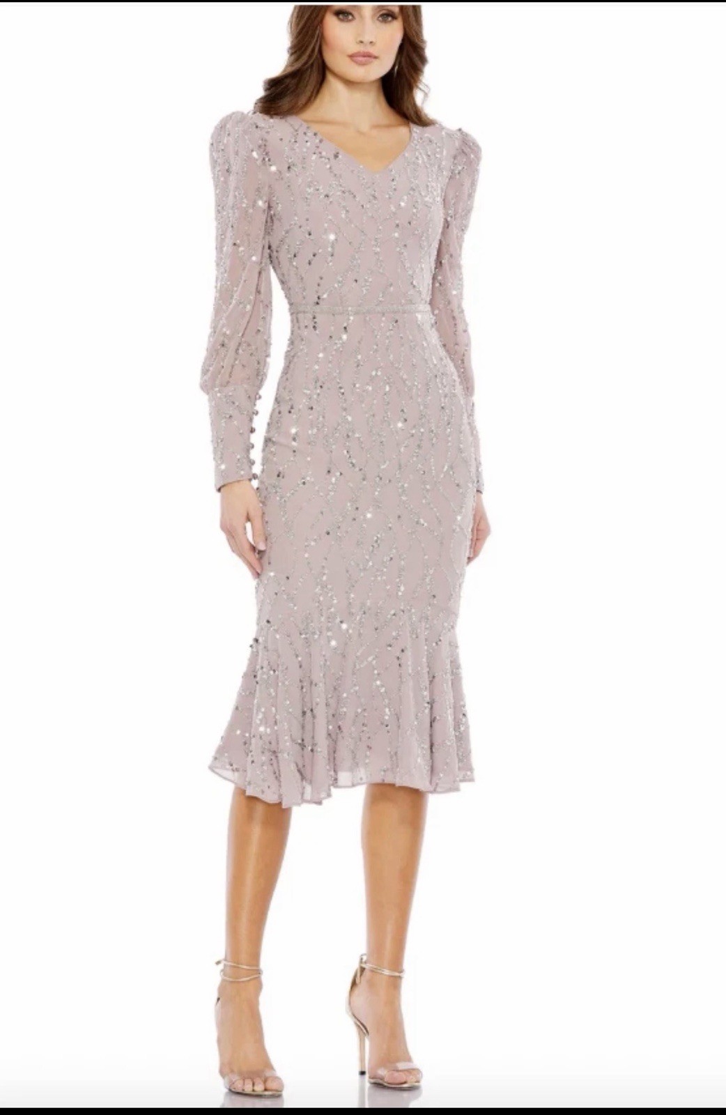 MAC DUGGAL 10767 SEQUINED ILLUSIONS LONG VINTAGE LILAC TRUMPET MIDI DRESS 10