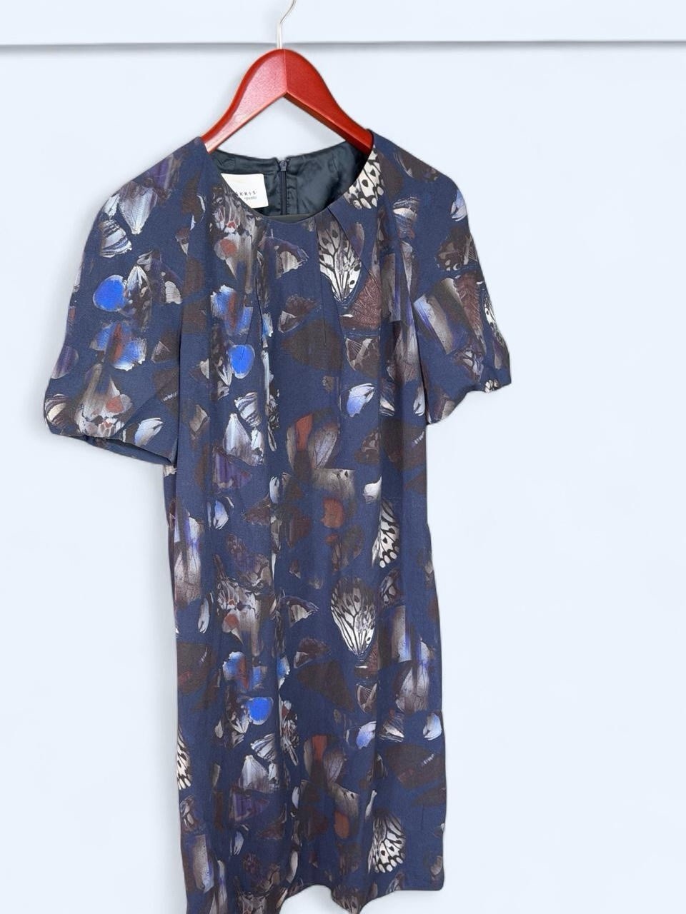 Akris punto Blue Brown Abstract Shift Dress 8 Pleated Lined Short Sleeve Wool