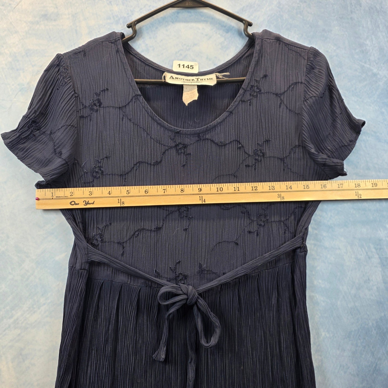 Another Thyme Vintage Navy Blue Crinkle Maxi Dress Floral Embroidered Size 8 USA