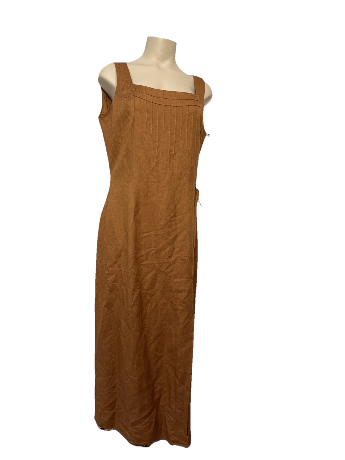VTG Linen Blend Dress Size 12 Square Neck Pintuck Camel Tan Adrianna Papell NEW