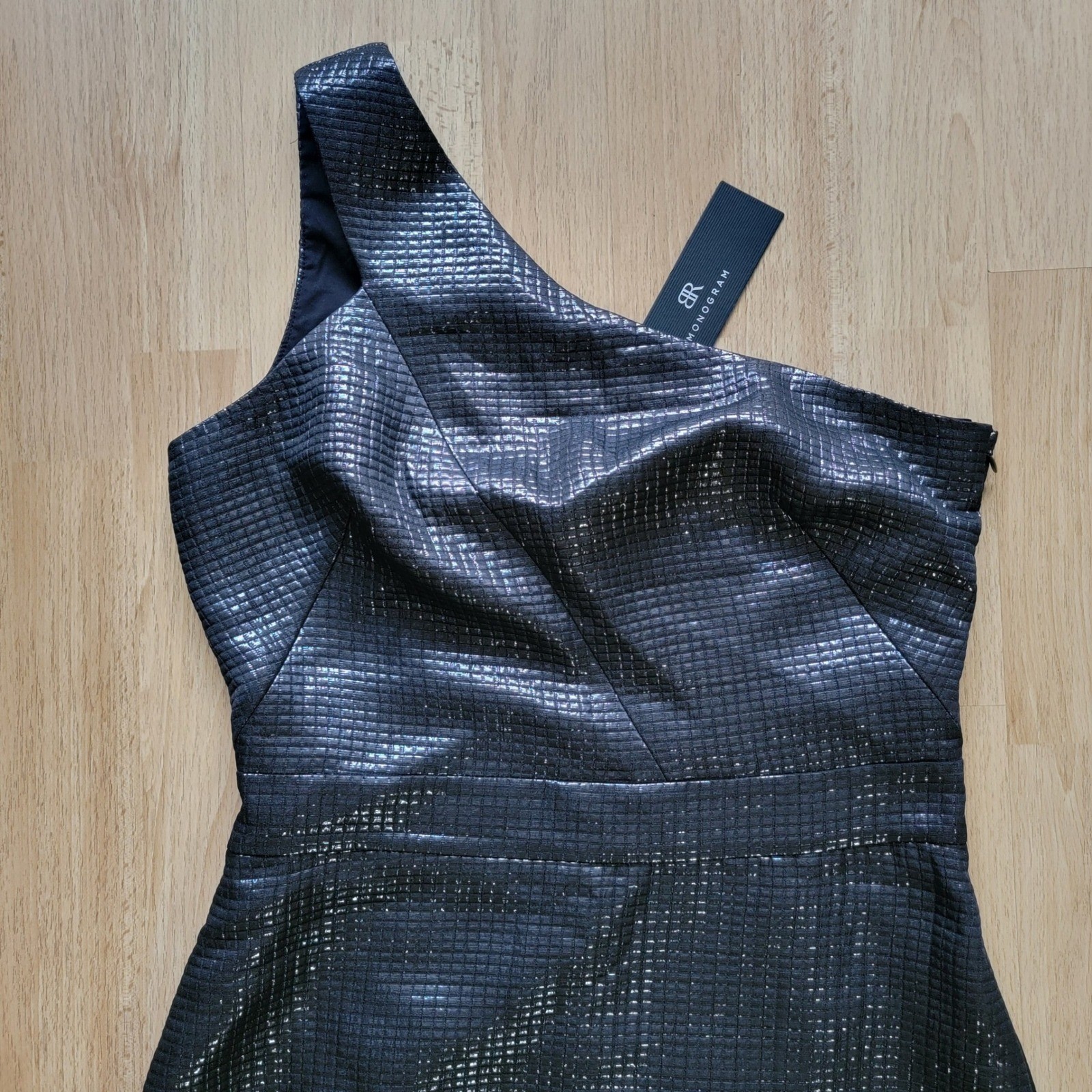 NWT Banana Republic Monogram Black One Shoulder Sequin Grid Dress Size 8