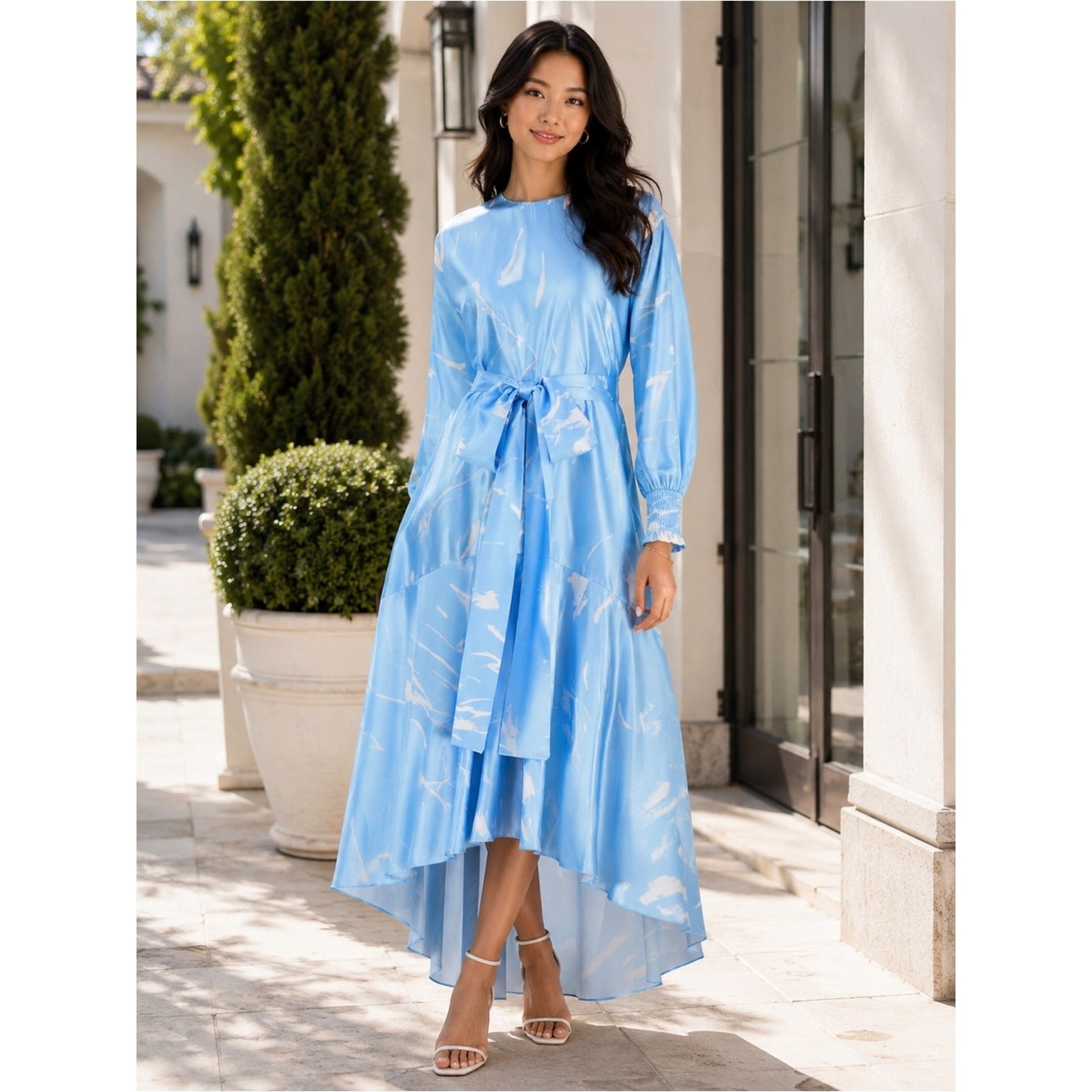 New Aleeza Paris Onyx Printed Dress – Sky Cloud Blue – Size Large