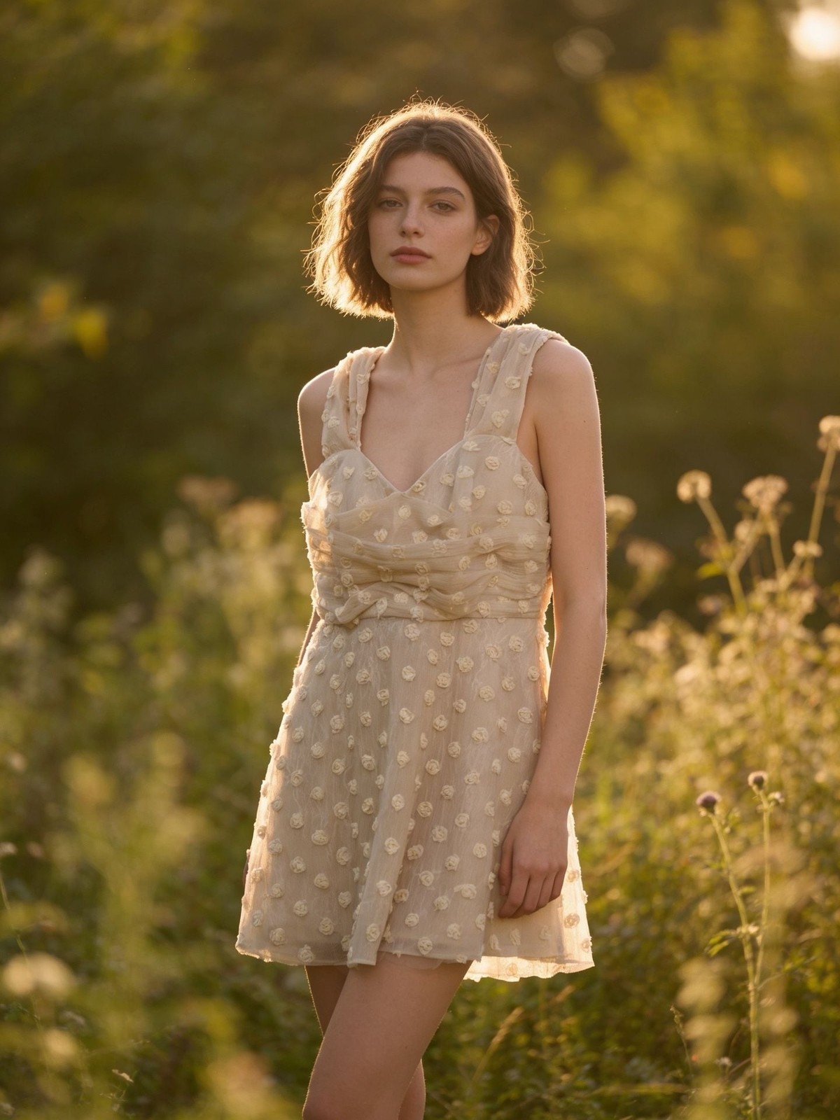 Layered with Love Beige Sleeveless Floral Applique A-Line Mini Dress