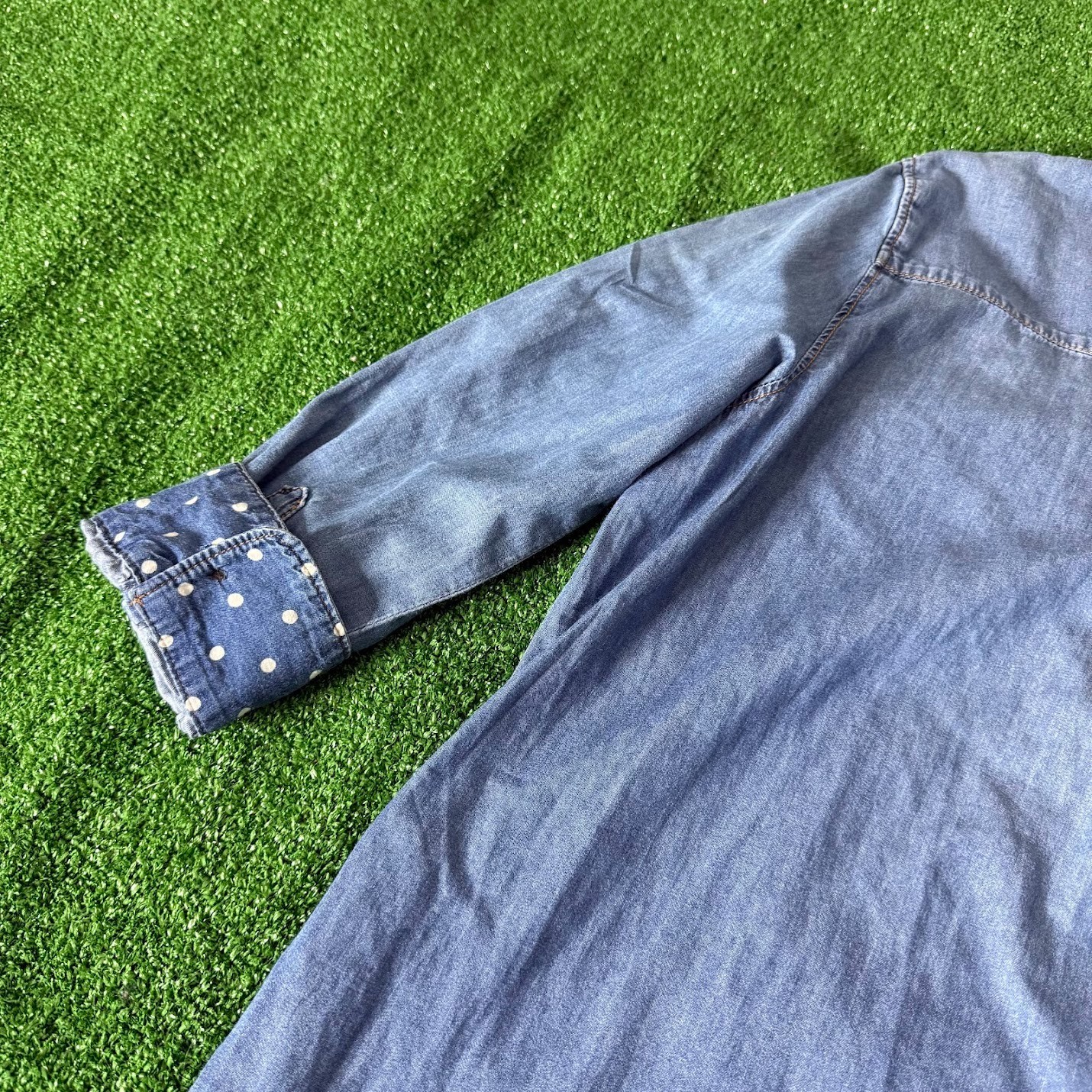 Osborne Chambray Shirt Dress Roll-Tab Sleeve Contrast Cuffs Band Collar Size L
