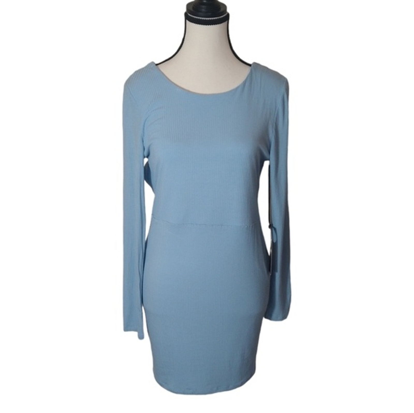 Privacy Please NEW pastel blue long sleeve open back ribbed mini dress Medium