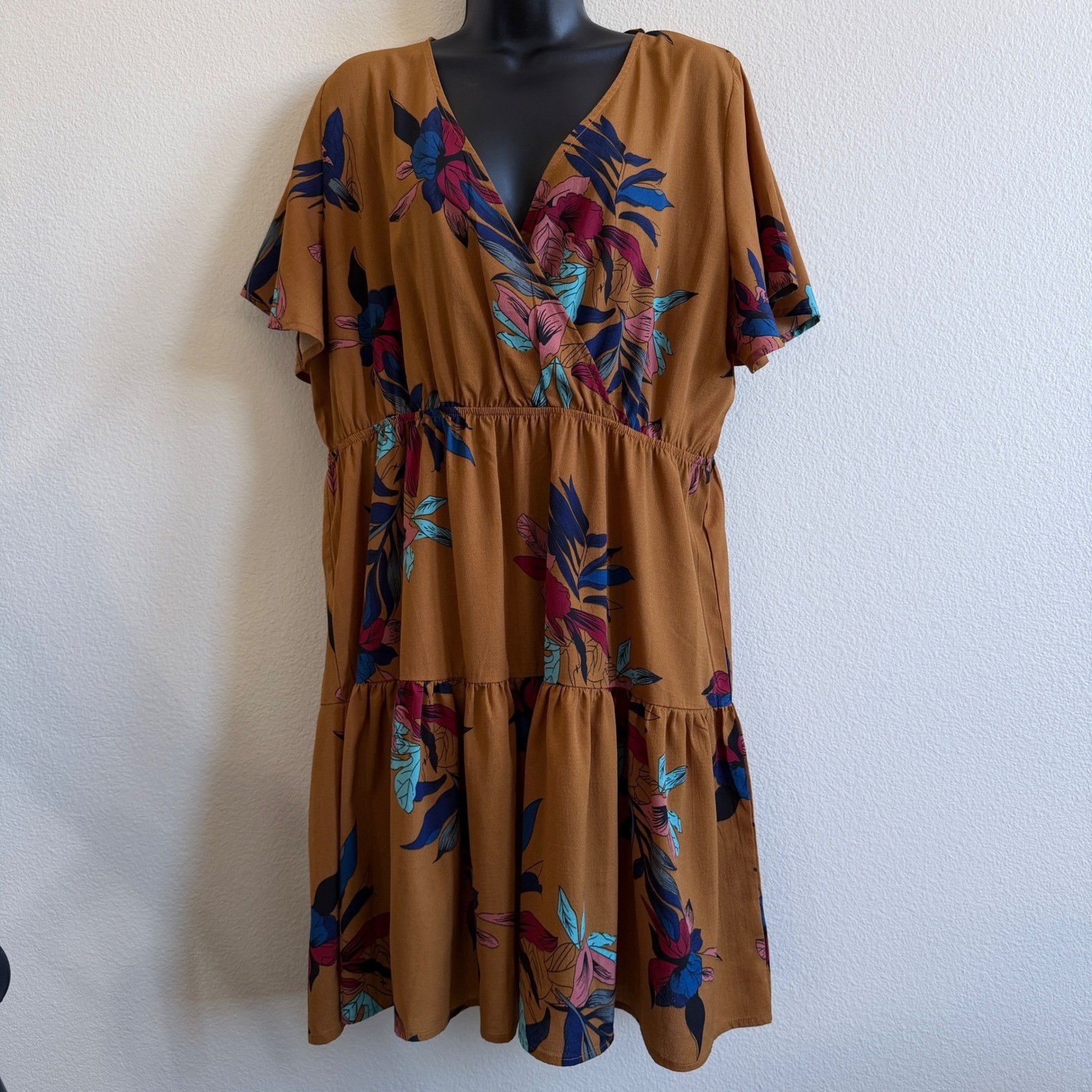SHEIN Curve 2XL Mustard Yellow Floral Tiered Mini Dress Surplice V-Neck Boho