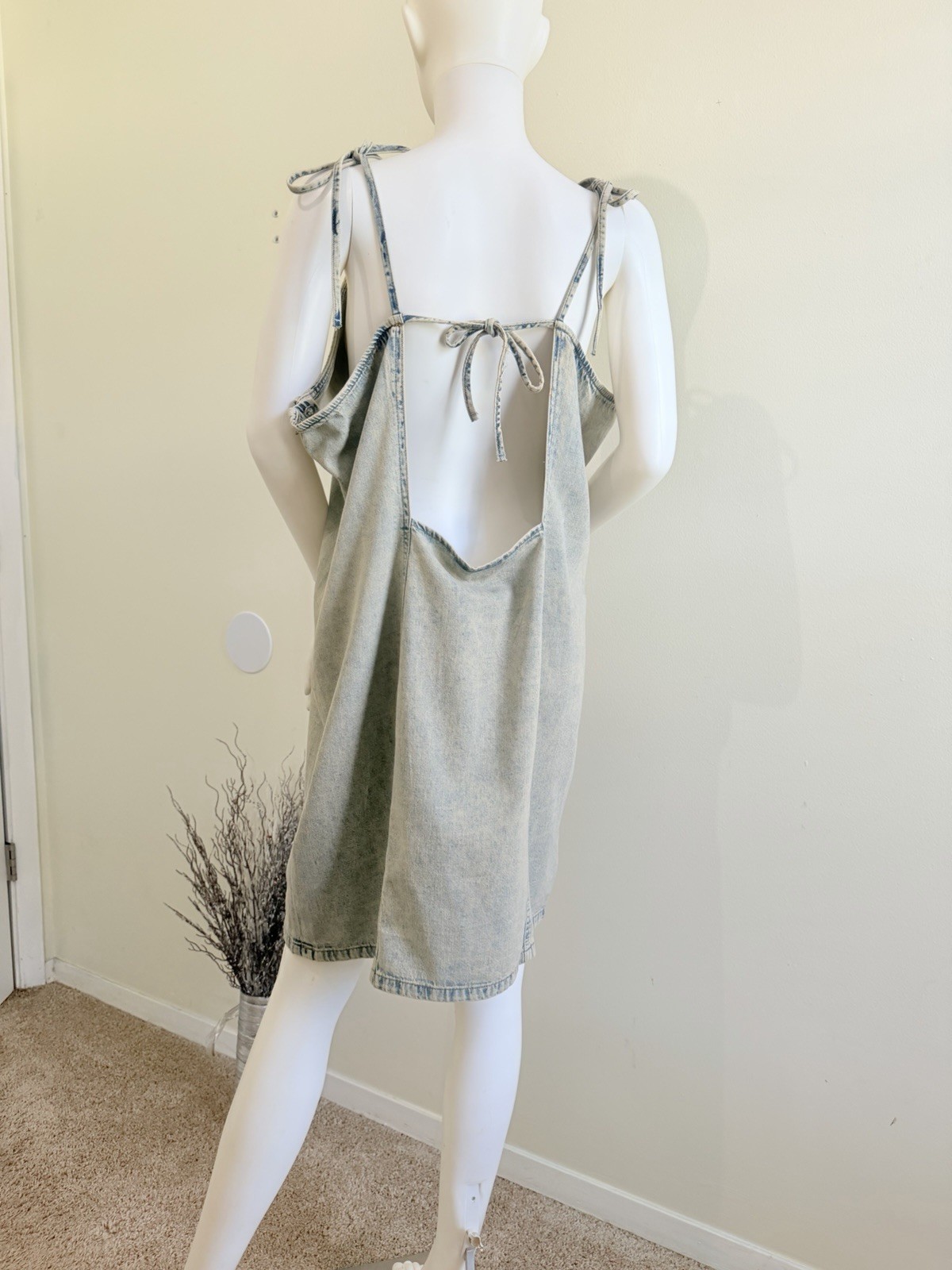 Monki Blue Denim Tie Strap Open Back Square Neck Knee Length Dress 50