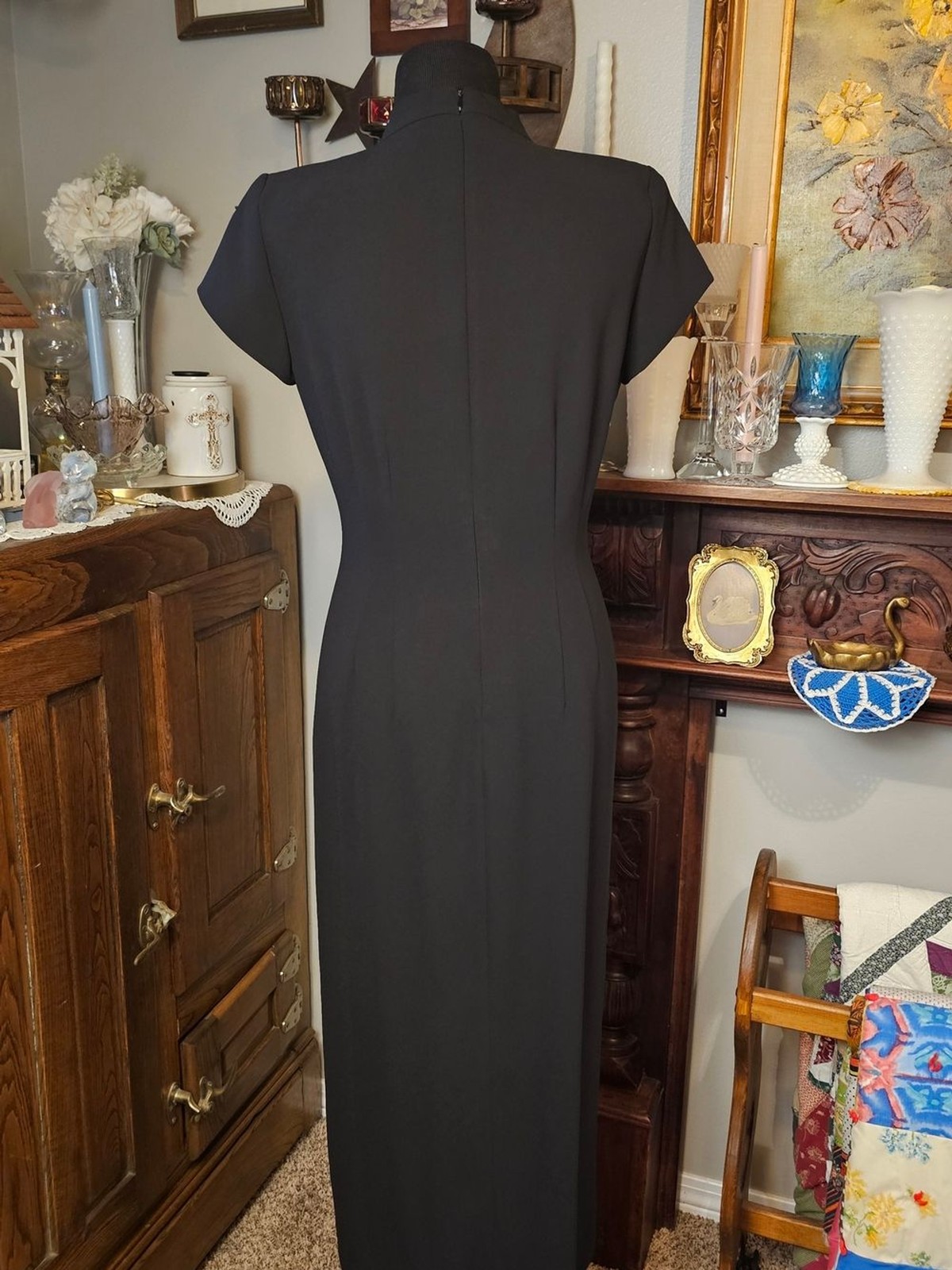 Vintage David Warren Black Beaded Mock Neck Midi Dress 90s Goth Size 4