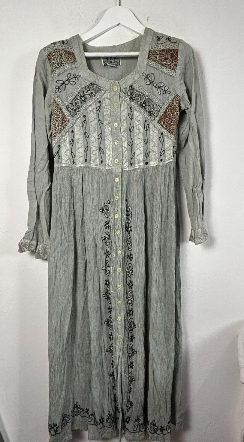 M.P.H Women’s Embroidered Button Front Long Sleeve Casual Maxi Dress Gray Medium