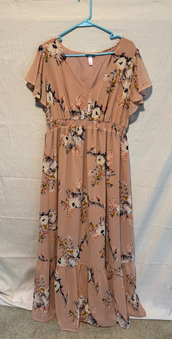 Isabel Maternity Floral Maxi Dress XL Pink V-Neck Flutter Sleeve Chiffon Ruffle