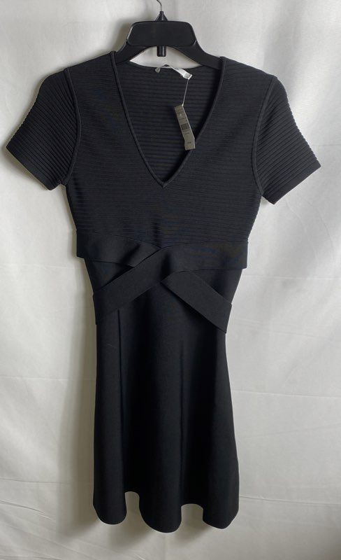 T by Alexander Wang Women’s Black Ribbed V-Neck Bandage Waist A-Line Dress Sz S