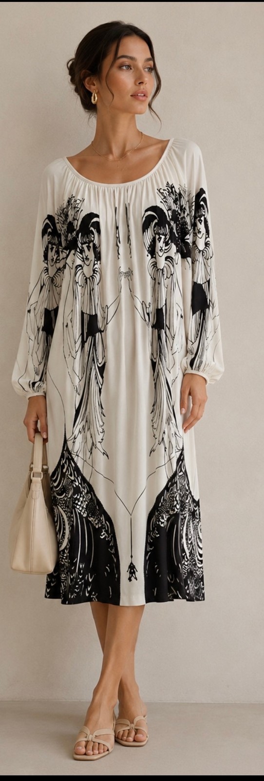 Women’s Clements Ribeiro SWAN Midi Dress Size M White Black Graphic Print Boho