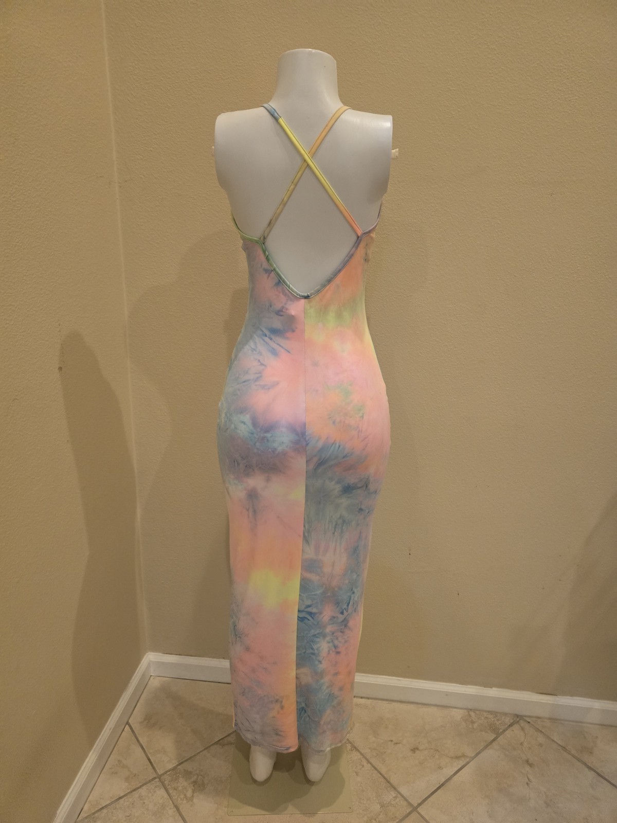 Women’s Tie Dye V-Neck Strappy Open Back Jumpsuit S Polyester/Spandex