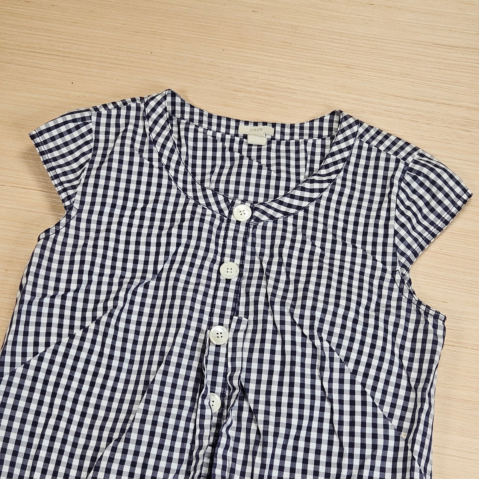 J Crew Gingham Dress Womens 6 Preppy Navy Cap Sleeve Cotton Pocket Shift 25716