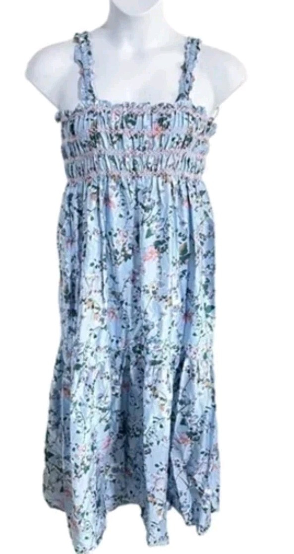 Maxi Sundress XL Blue Floral Womens Ophelia Roe Midi Sleeveless Smocked Dress