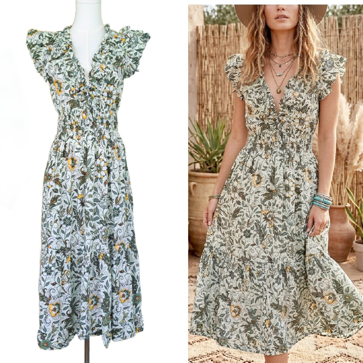 Bindu Cora Cotton Green Floral Midi Maxi Dress Small Smocked Ruffle Boho