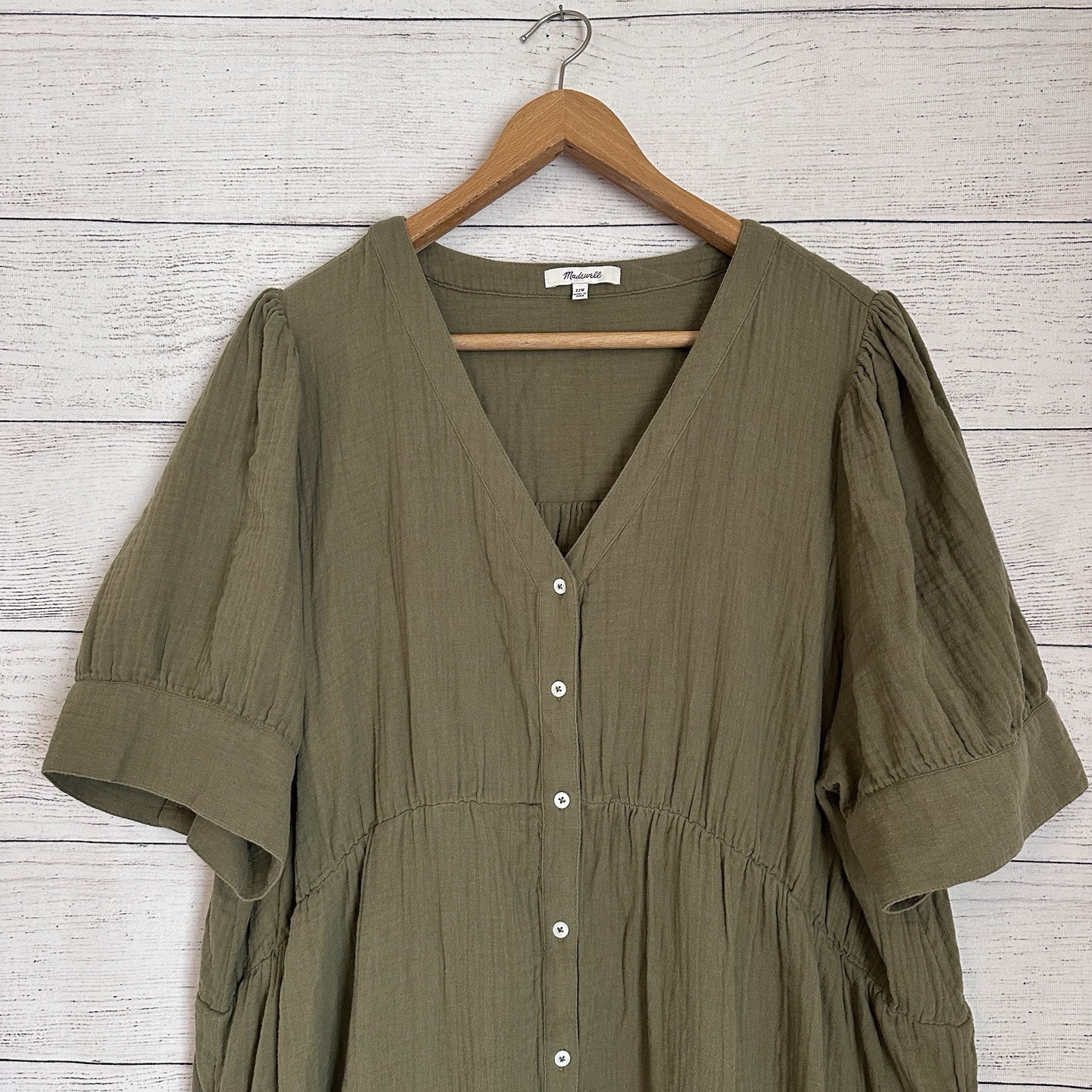 Madewell Lightspun Cuff-Sleeve Button-Front Tiered Midi Dress 22W