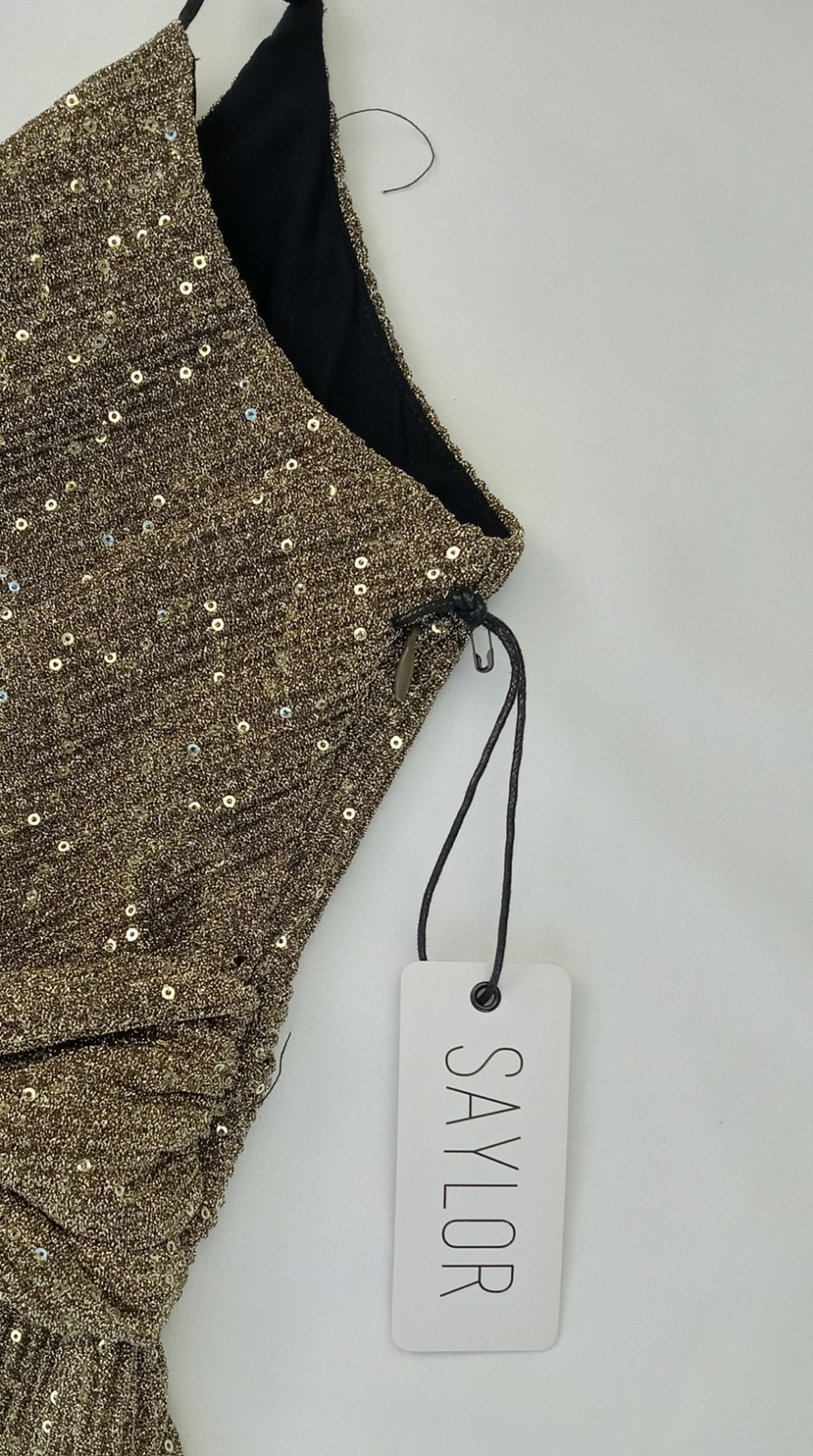 NWT Large SAYLOR Gold Ribbed & Sequins CYRIELLE Faux-Wrap TULIP Midi Event DRESS