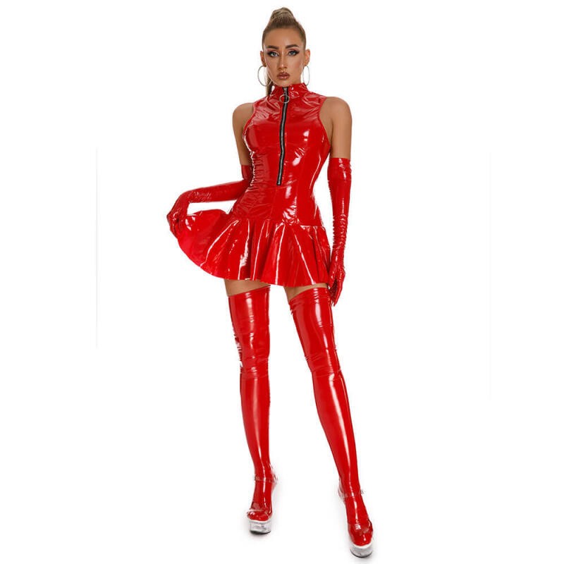Womens Shiny Wetlook PVC Leather Bodycon Mini Dress Zipper Pleated Skirt Dresses