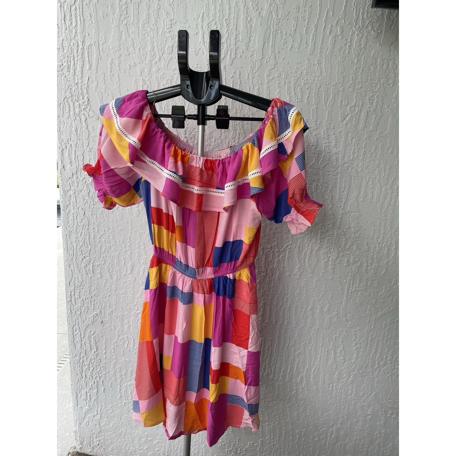 Emily Wonder Womens Multicolor Patchwork Off Shoulder Ruffle Mini Dress NWT M