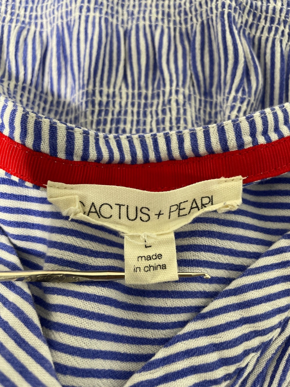 Cactus + Pearl Midi Dress Size Large Strip Tiered Skirt VNeck Blue White Sailor