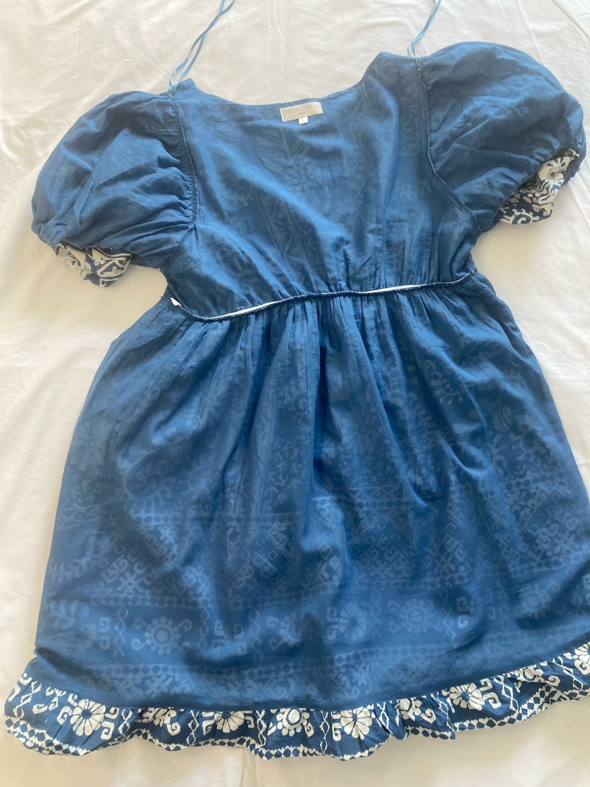NWOT Caroline Constas Blue White Babydoll Puff Sleeve V-Neck Cotton Dress Sz L