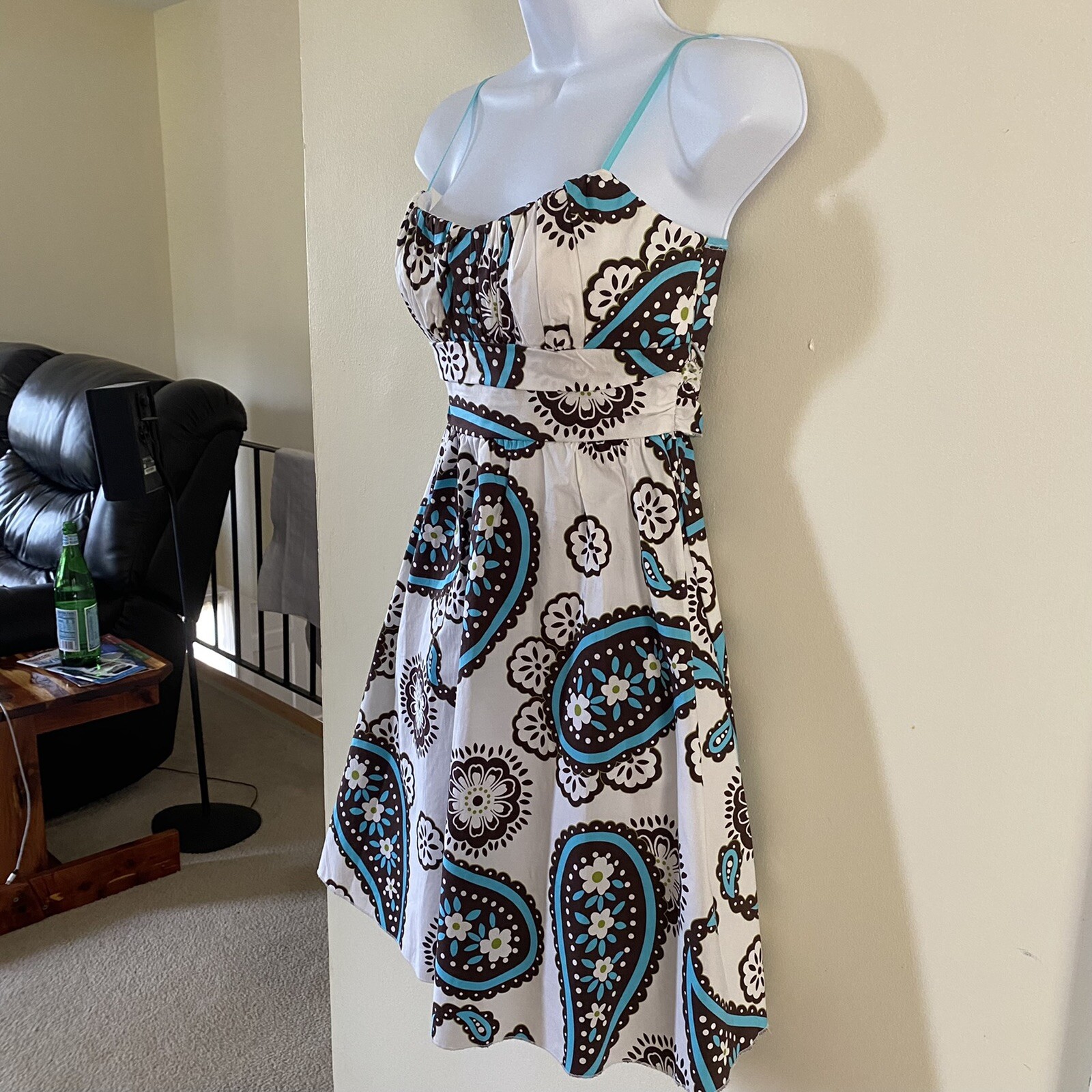 Ruby Rox Size 3 Women’s Blue Brown & White Paisley Sundress Spaghetti Strap, Tie
