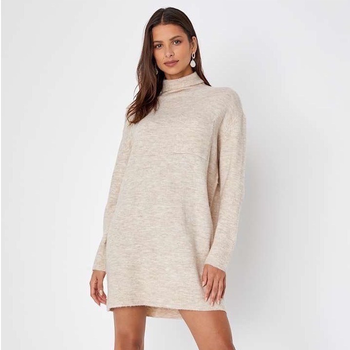 NWT Lulus Soft Knit Turtleneck Mini Sweater Dress Heather Beige Sz L Cozy Light