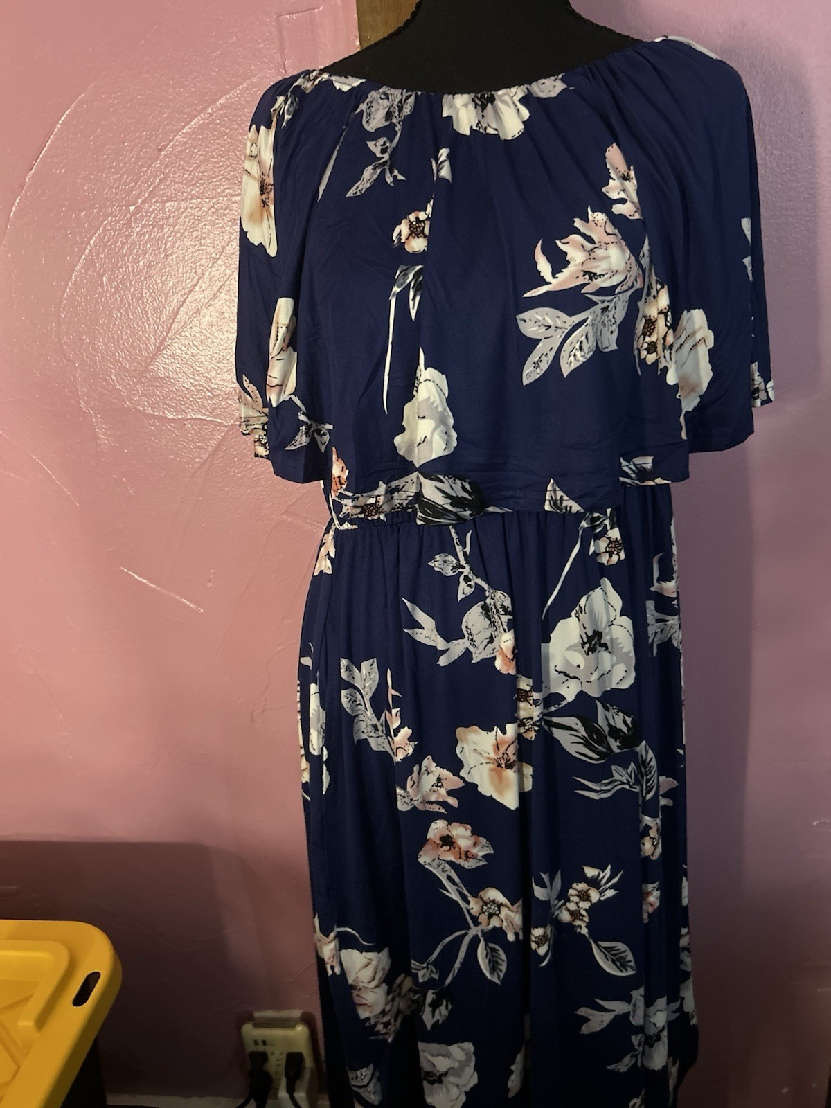 AUSELILY Blue/White Floral Round Neck Flutter Short Sleeve Chiffon Maxi, XL