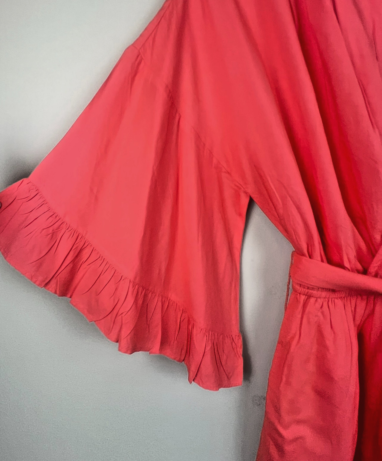Shore Light Coral Peach Faux Wrap Mini Dress Tie Waist Ruffle Sleeve Pockets