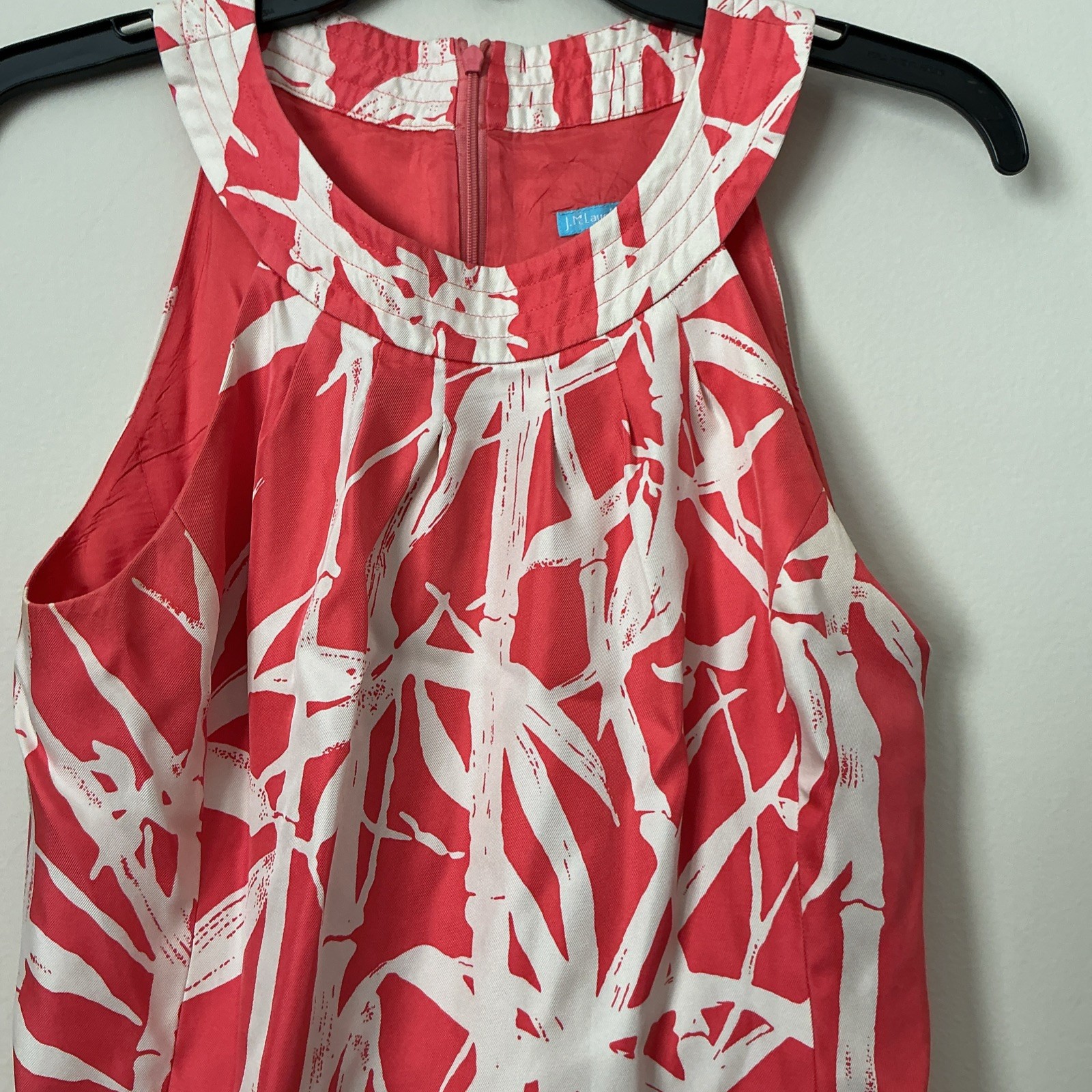 J. McLaughlin 100% Silk Sleeveless Halter Shift Dress Size 6 Coral White Bamboo