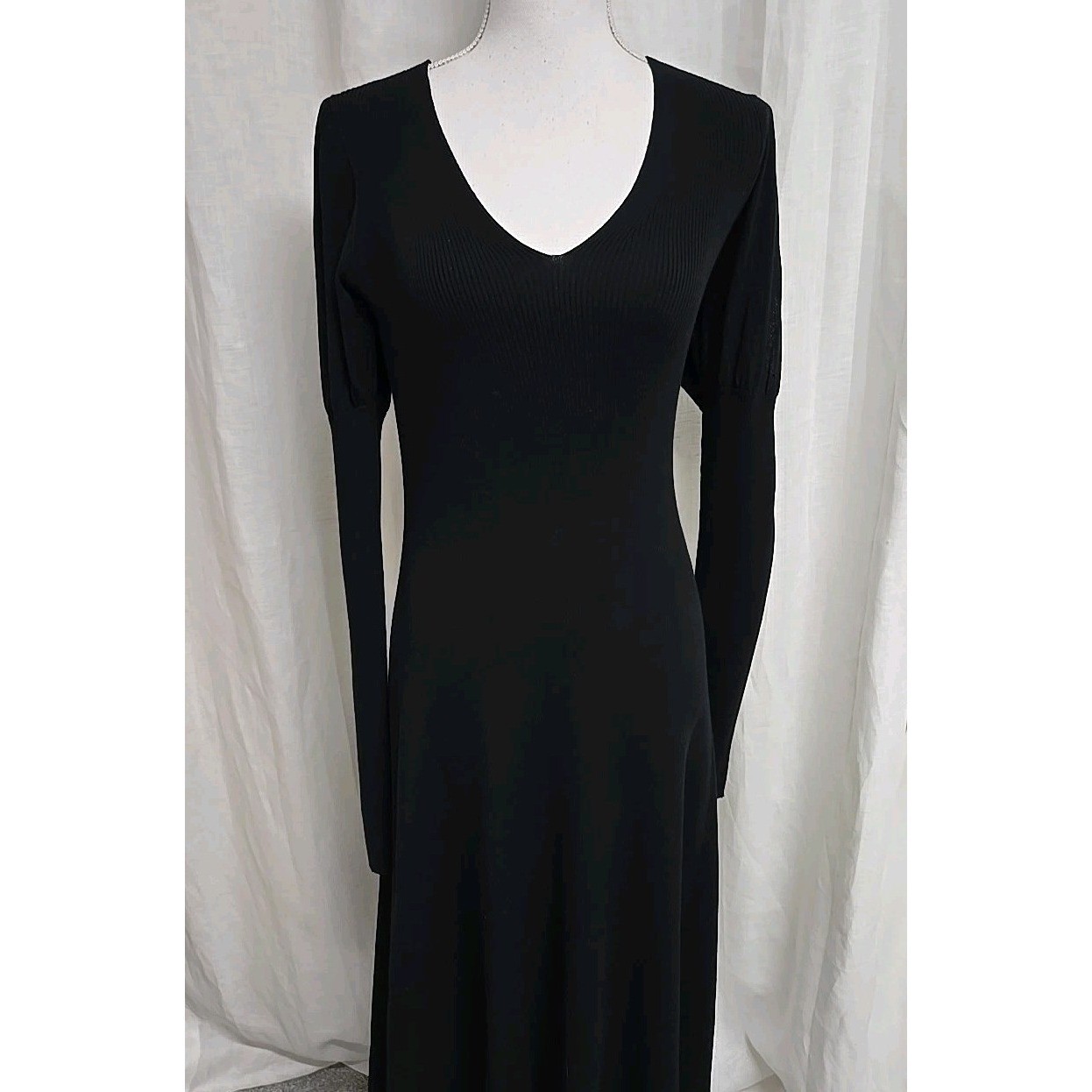 REBECCA TAYLOR Ribbed Knit V-Neck Puff Sleeves Midi Dress Stretch Black Size S