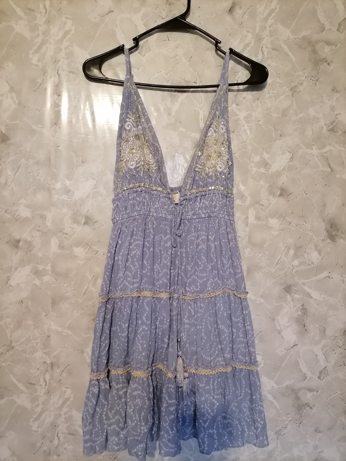 Ananta Boho Beaded Mini Dress Size L/XL Pastel Blue Embroidered Tiered