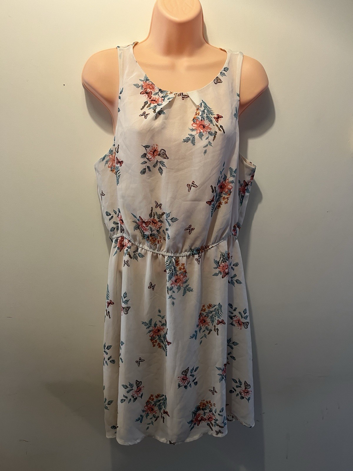 Retro New Look Floral Butterfly Dress UK 10 Cream Chiffon Summer Sun Dress Y2K