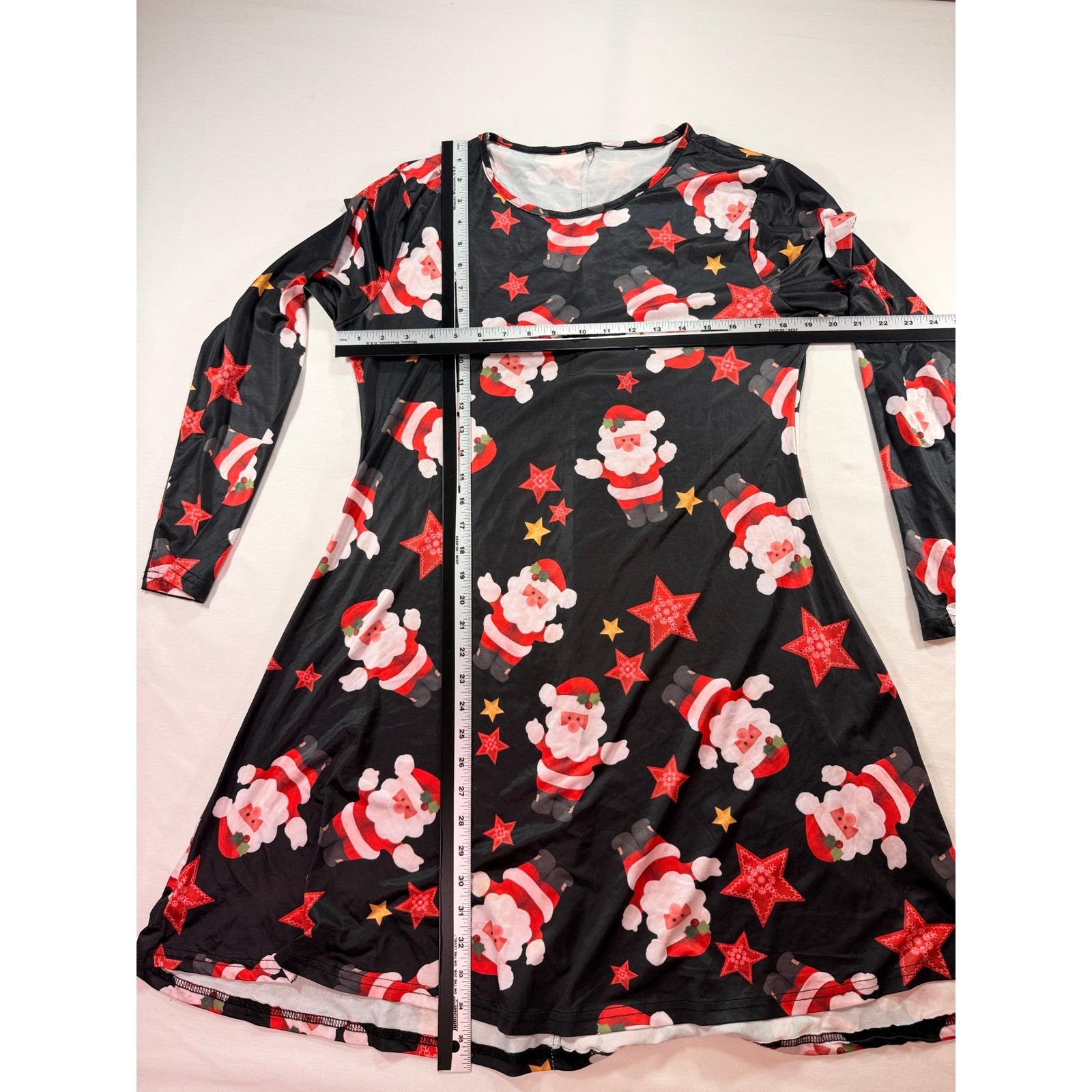 Christmas Santa Print Long Sleeve A-Line Dress Womens XL Black Red Holiday Star