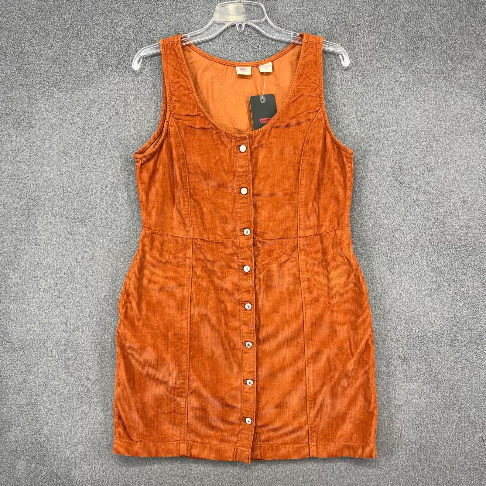 Levi’s Corduroy Mini Dress Women Large Orange Button Front Sleeveless Retro Boho