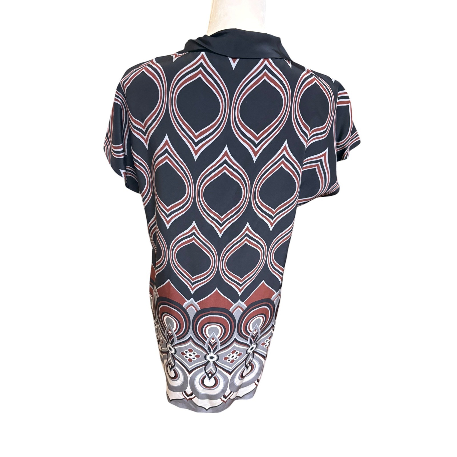Tibi Black White 100% Silk Lined Pleated Cowl Neck Geometric Print Shift Dress 8