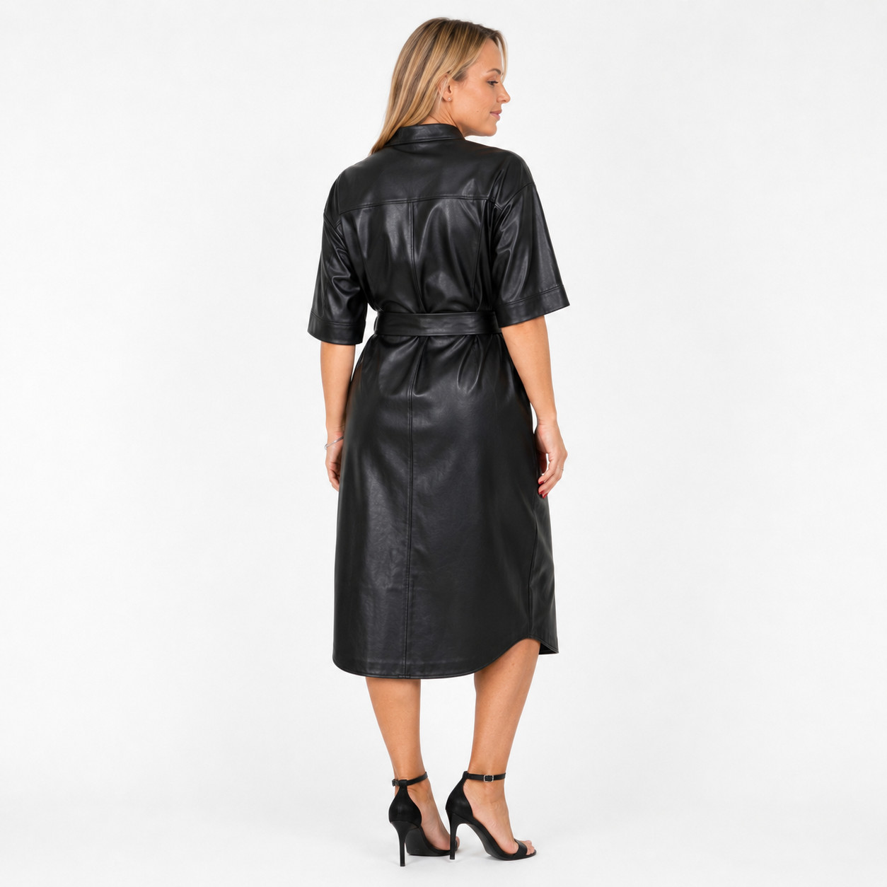 Handmade Genuine Lambskin Leather Shirt Dress for Women Black Belted Midi Dress
