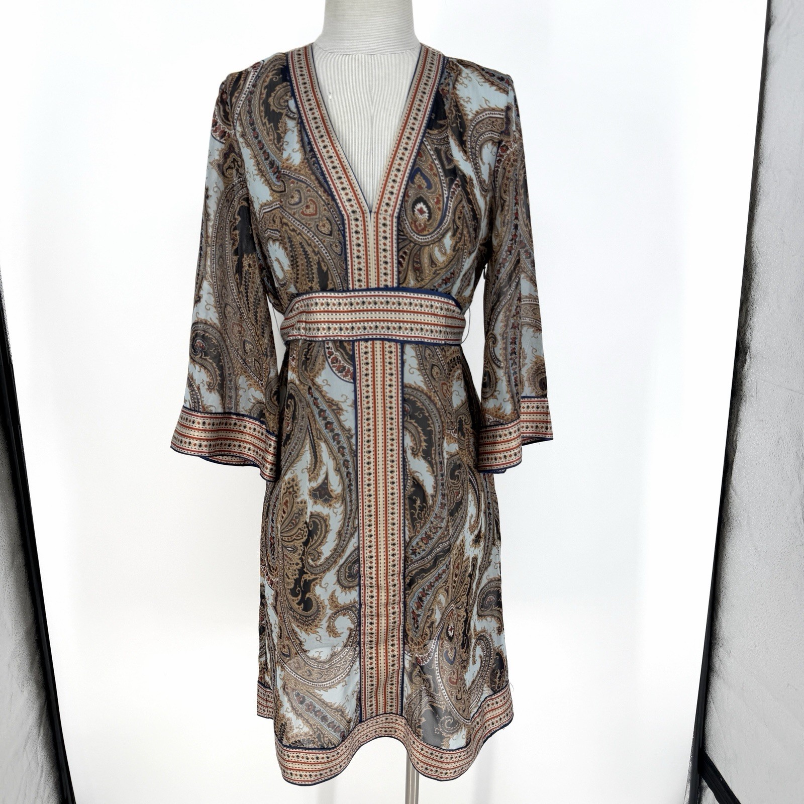 NY & Co Blue Paisley Boho Kimono Dress Sheer Belted A-Line w/ Bell Sleeves M