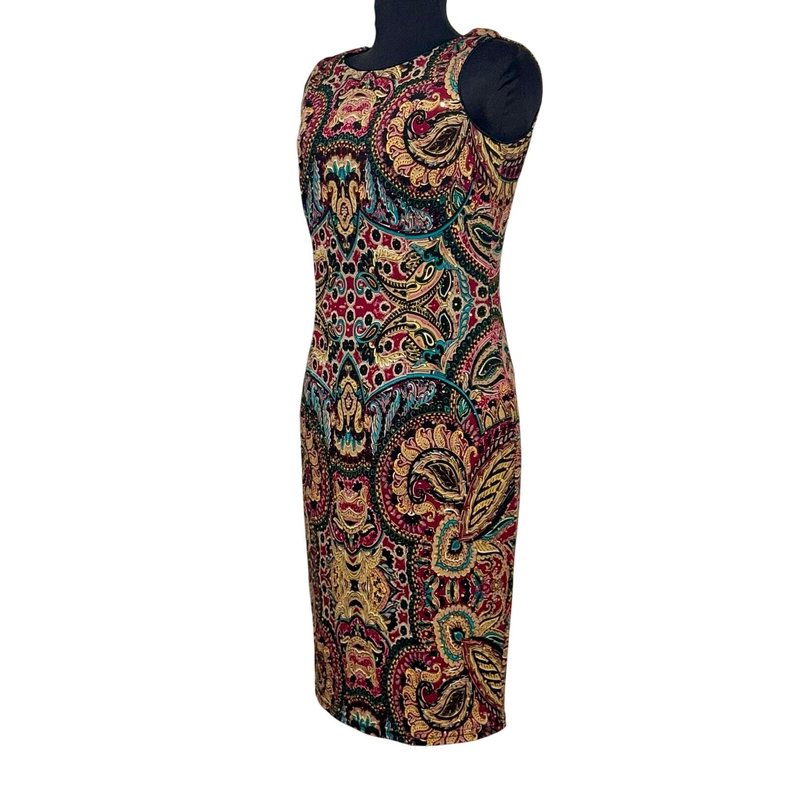 Joseph Ribkoff Jewel Tone Digital Print Jersey Dress Sz 8 Sequins Fitted Sheath