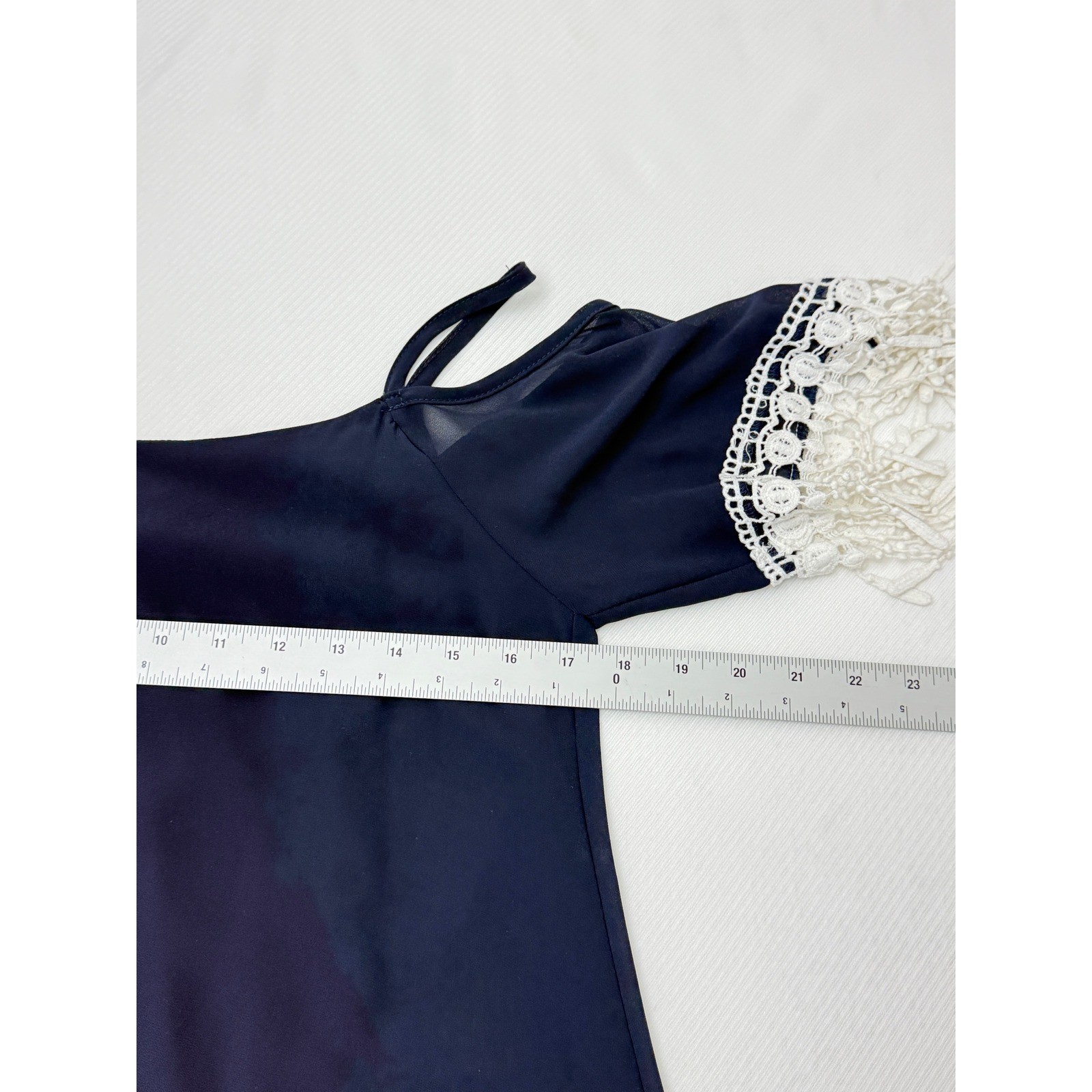 A’GACI Navy Blue Cold Shoulder Mini Dress White Crochet Lace Fringe Small