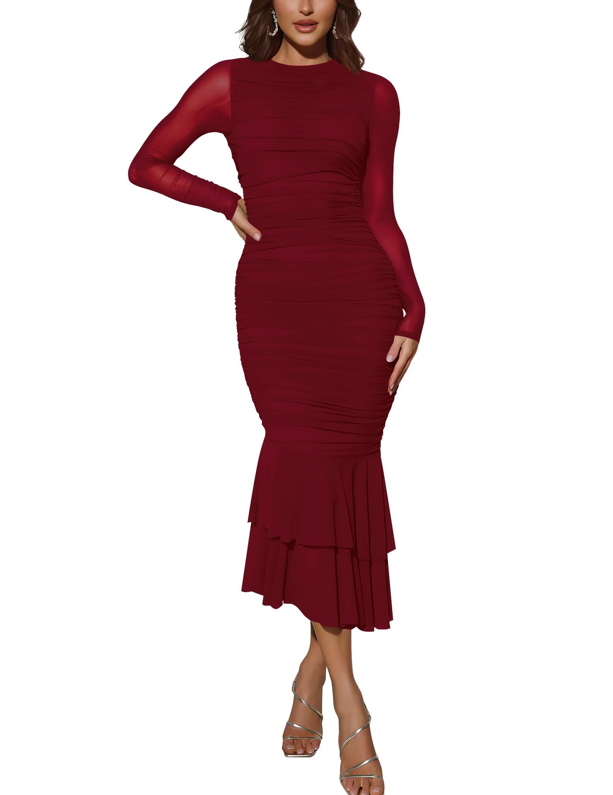 Atizon Evening Dress X-Large Wine Red Ruched Bodycon Mermaid Maxi 100% Polyester