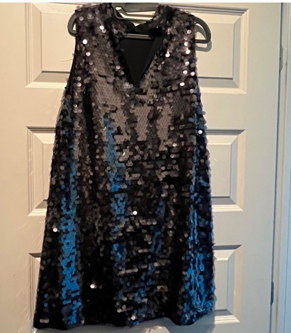 CIEBON Black Sequin Sleeveless V-Neck Shift Short Lined Zip Dress Size 8