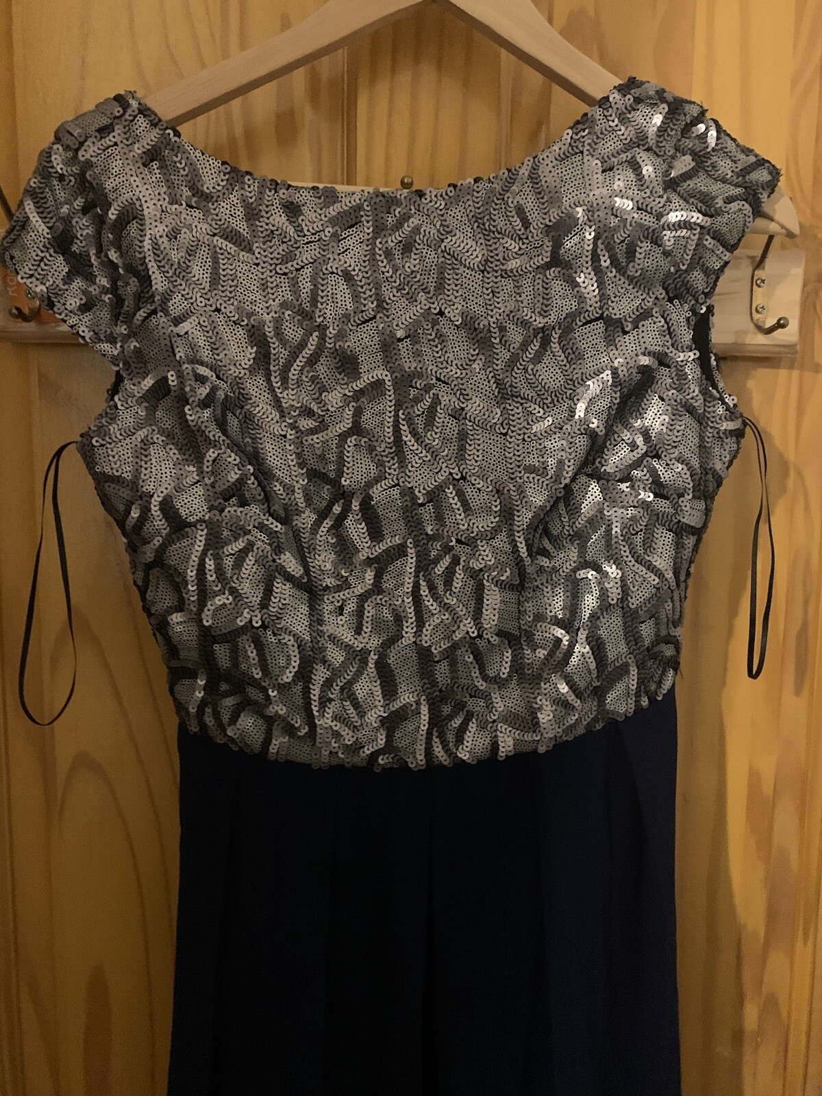 Little Mistress Maxi Dress with hand embellished silver sequins. low cut back.