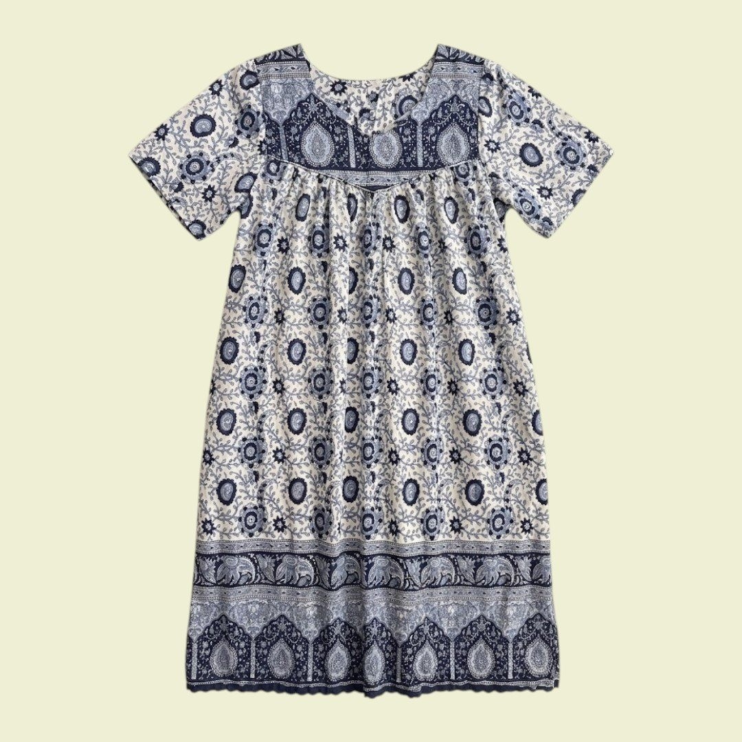 Vintage Blue White Paisley Floral Boho Short Sleeve Pocket Midi House Dress M/L